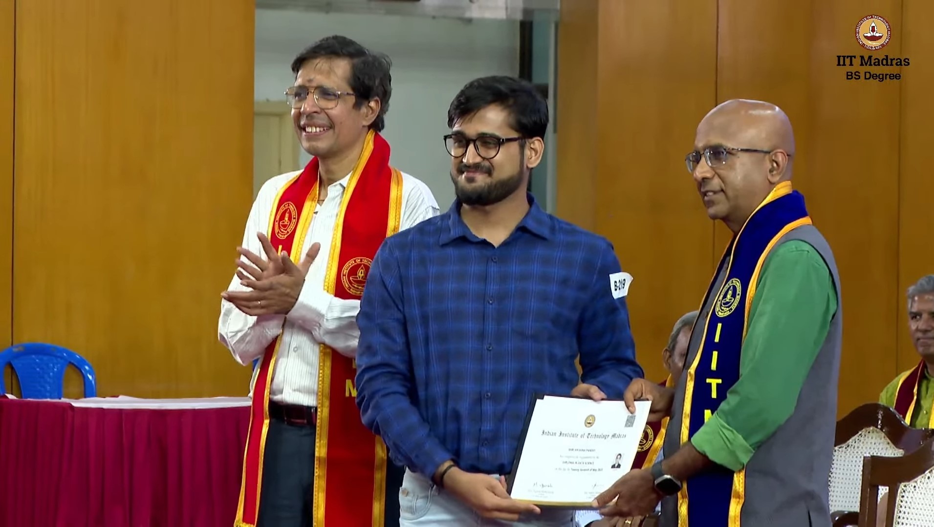 Shri Krishna receiving diploma certificate at IIT Madras SAC auditorium
